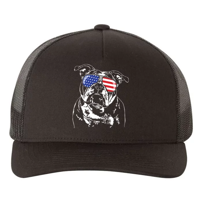 Funny Proud Old English Bulldog American Flag Sunglasses Yupoong Adult 5-Panel Trucker Hat