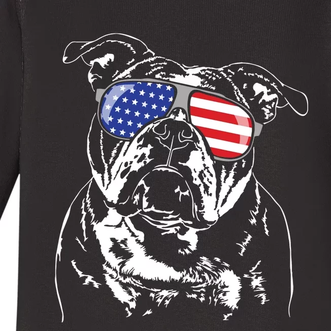 Funny Proud Old English Bulldog American Flag Sunglasses Baby Long Sleeve Bodysuit