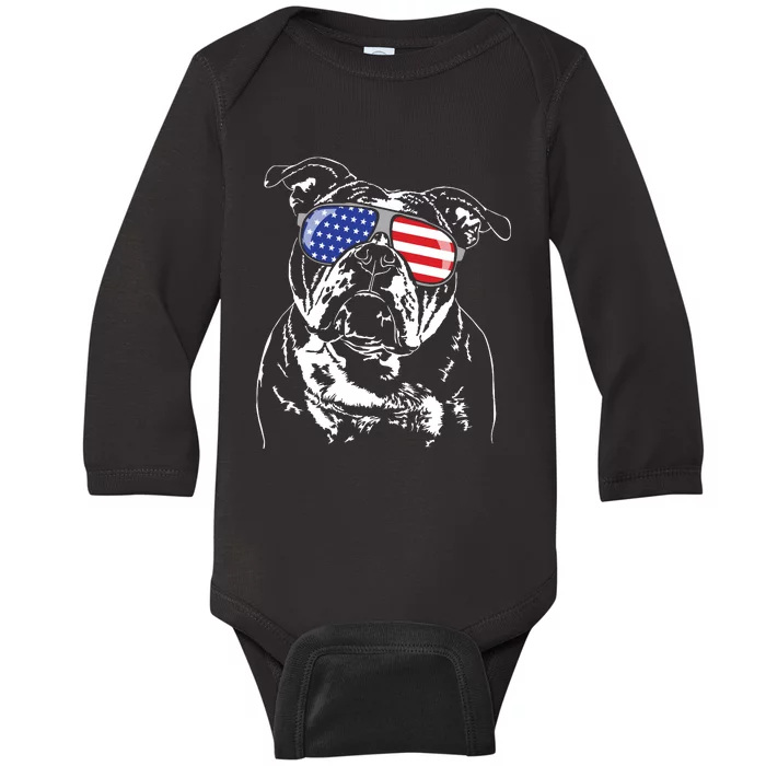 Funny Proud Old English Bulldog American Flag Sunglasses Baby Long Sleeve Bodysuit