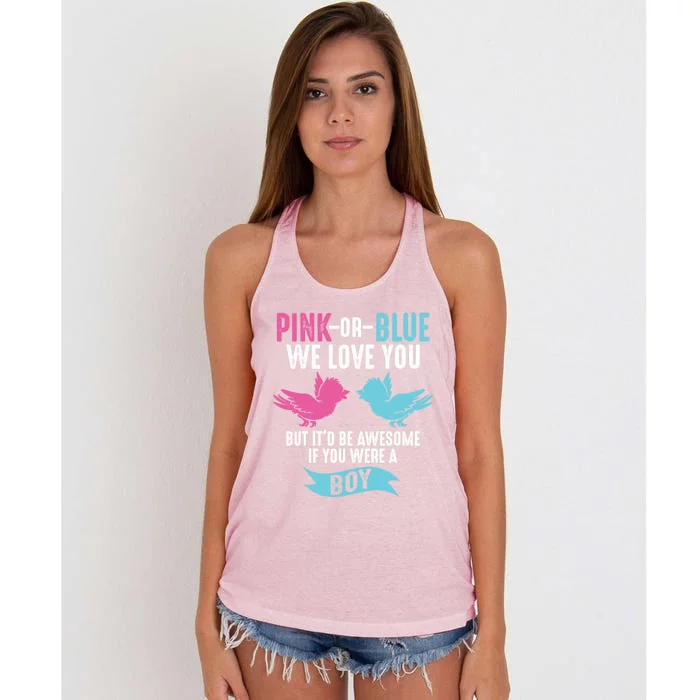 Funny Pink Or Blue We Love You Cute Gender Reveal Gift Women's Knotted Racerback Tank