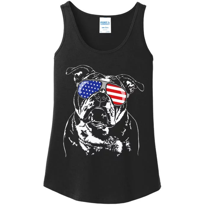 Funny Proud Old English Bulldog American Flag Sunglasses Ladies Essential Tank