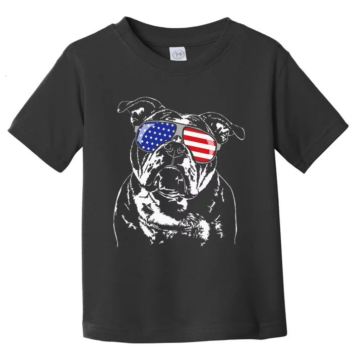 Funny Proud Old English Bulldog American Flag Sunglasses Toddler T-Shirt