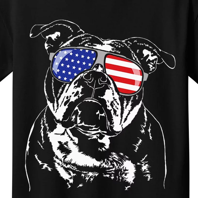 Funny Proud Old English Bulldog American Flag Sunglasses Kids T-Shirt