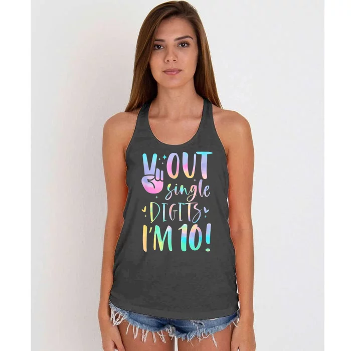 Funny Peace Out Single Digits I'm 10 Year Old 10th Birthday Women's Knotted Racerback Tank