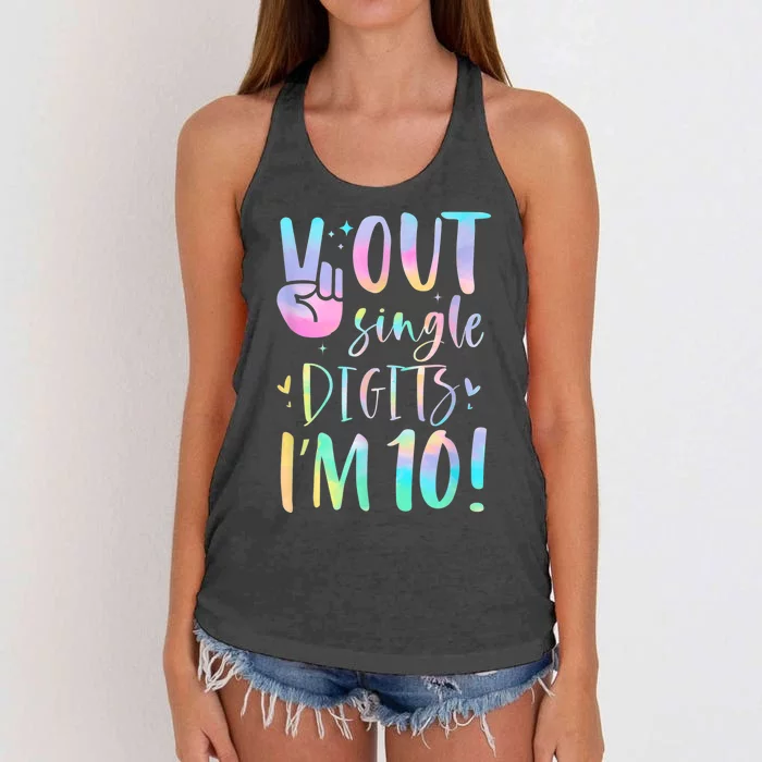 Funny Peace Out Single Digits I'm 10 Year Old 10th Birthday Women's Knotted Racerback Tank