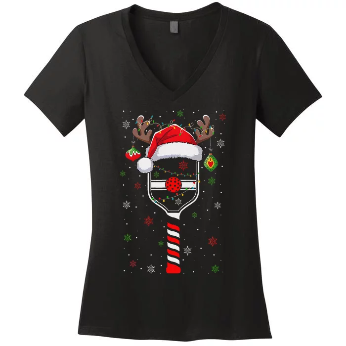 Funny Pickleball Player Christmas Holiday Reindeer Xmas Women's V-Neck T-Shirt