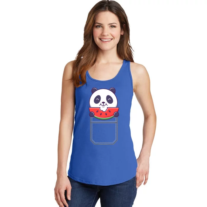 Funny Pocket Panda Melon Peeking Out Cute Panda Melon Gift Ladies Essential Tank