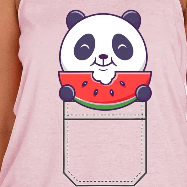 Funny Pocket Panda Melon Peeking Out Cute Panda Melon Gift Women's Knotted Racerback Tank