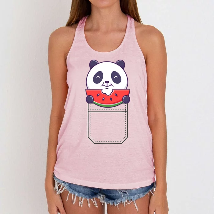 Funny Pocket Panda Melon Peeking Out Cute Panda Melon Gift Women's Knotted Racerback Tank