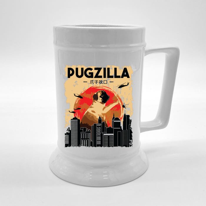 Funny Pug Pugzilla Funny Dog Pug Lover Pug Owner Pug Front & Back Beer Stein