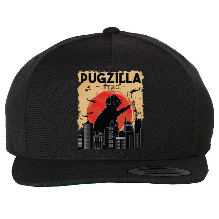 Funny Pug Pugzilla Funny Dog Pug Wool Snapback Cap