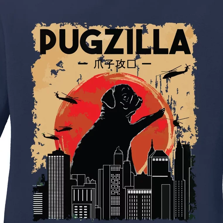 Funny Pug Pugzilla Funny Dog Pug Ladies Long Sleeve Shirt