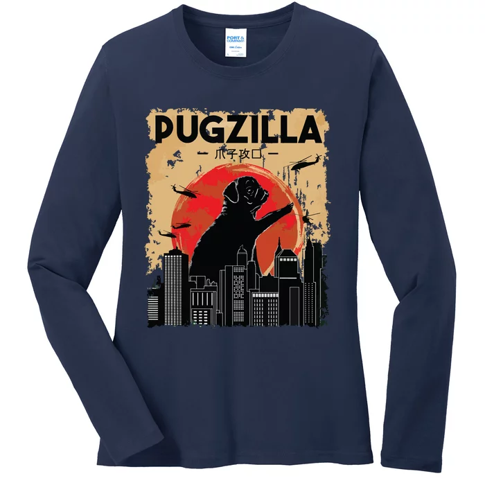 Funny Pug Pugzilla Funny Dog Pug Ladies Long Sleeve Shirt