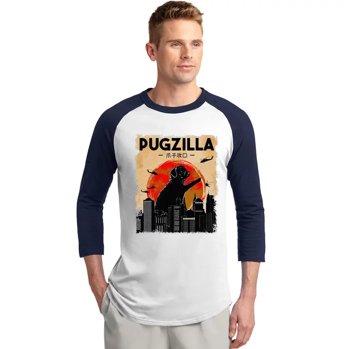 Funny Pug Pugzilla Funny Dog Pug Baseball Sleeve Shirt