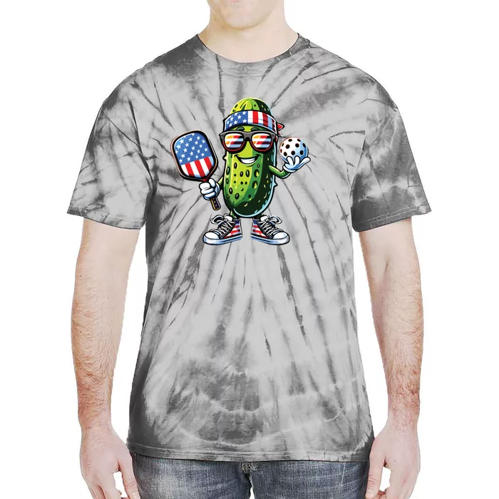 Funny Patriotic Pickle Playing Pickleball Paddle 4th Of July Tie-Dye T-Shirt