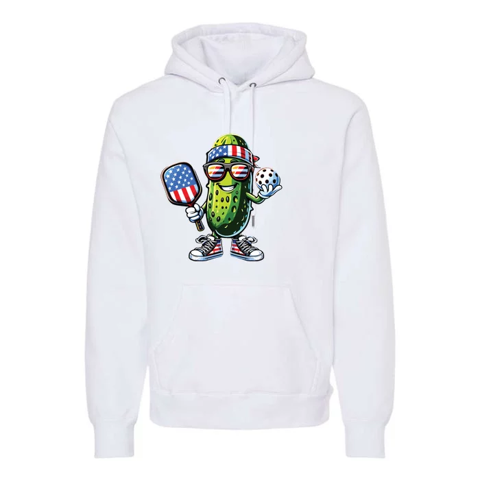 Funny Patriotic Pickle Playing Pickleball Paddle 4th Of July Premium Hoodie