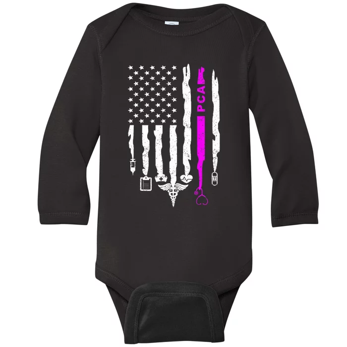 Funny Patriotic PCA USA Flag Nurses Week Gifts 4th Of July Baby Long Sleeve Bodysuit