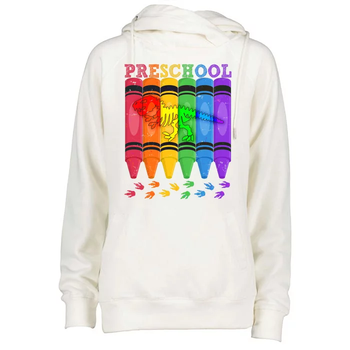 Funny Prehistoric Preschool Dinosaur Crayons Womens Funnel Neck Pullover Hood