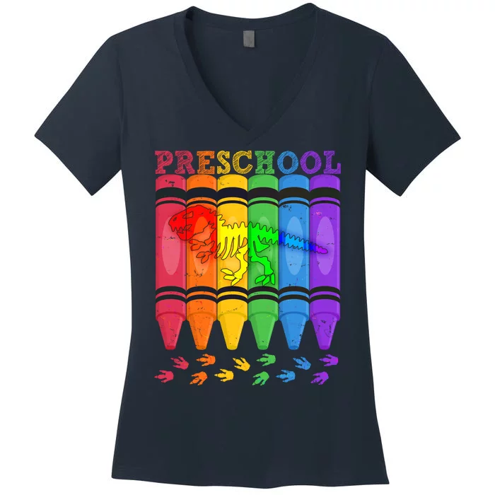 Funny Prehistoric Preschool Dinosaur Crayons Women's V-Neck T-Shirt