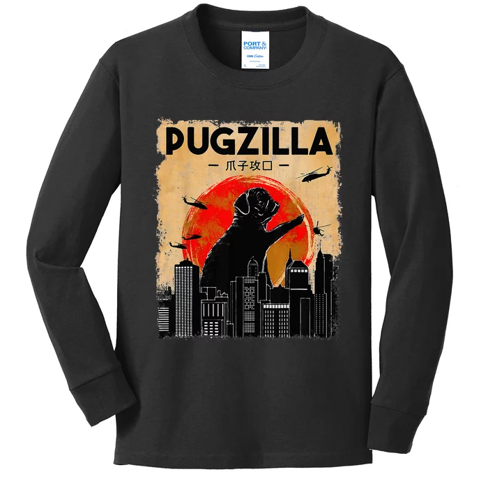 Funny Pug Pugzilla Funny Dog Pug Funny Fog Lover Kids Long Sleeve Shirt