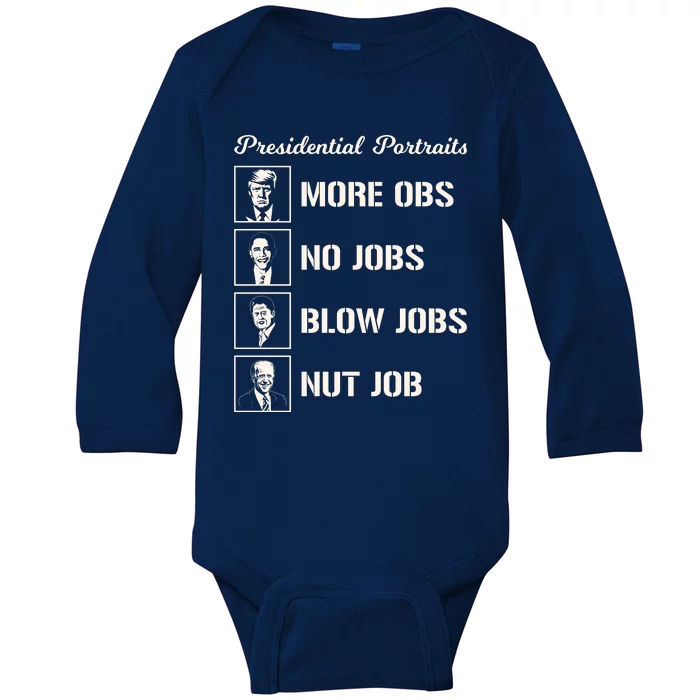 Funny Presidential Portraits Trump More Jobs Baby Long Sleeve Bodysuit