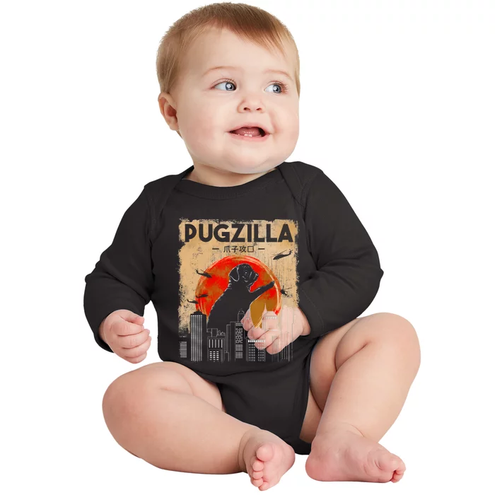 Funny Pug Pugzilla Funny Dog Pug Baby Long Sleeve Bodysuit