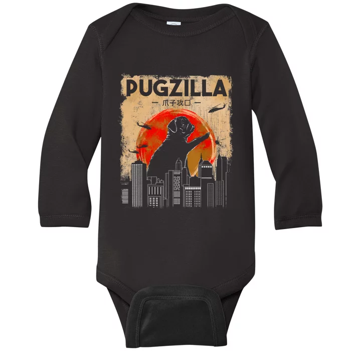 Funny Pug Pugzilla Funny Dog Pug Baby Long Sleeve Bodysuit