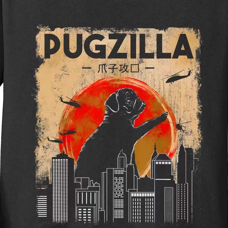 Funny Pug Pugzilla Funny Dog Pug Kids Long Sleeve Shirt