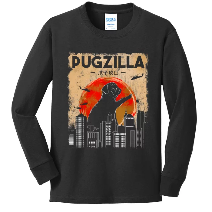 Funny Pug Pugzilla Funny Dog Pug Kids Long Sleeve Shirt