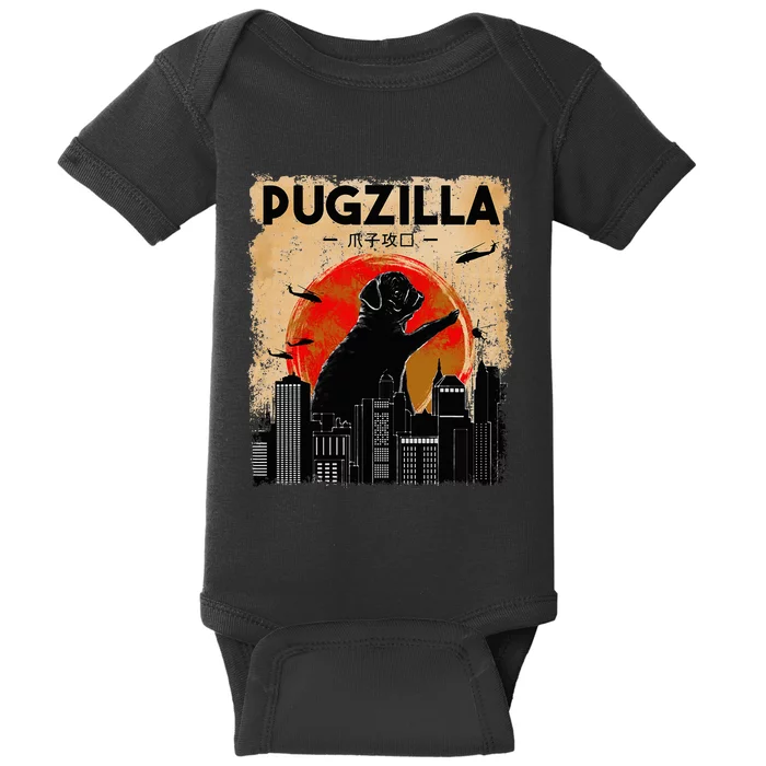 Funny Pug Pugzilla Funny Dog Pug Baby Bodysuit