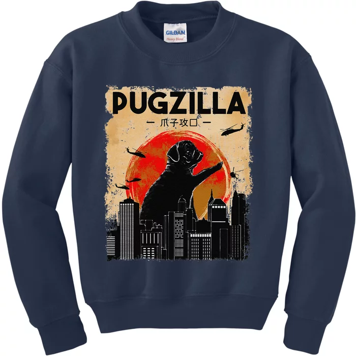 Funny Pug  Pugzilla  Funny Dog Pug Kids Sweatshirt