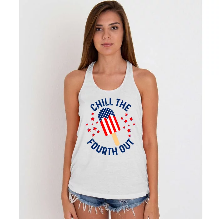 Funny Patriotic Popsicle American Flag Chill The Fourth Out Women's Knotted Racerback Tank