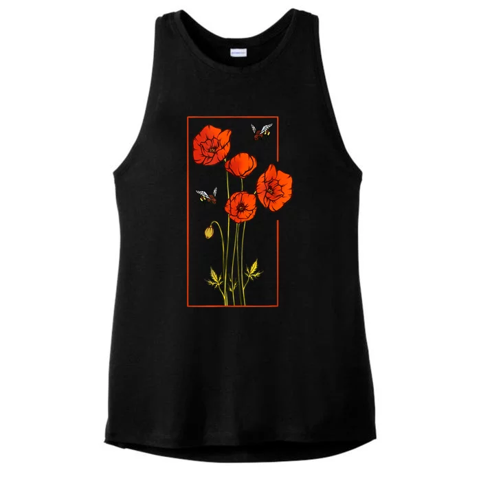 Floral Poppy Poppies Flower With Bees Wildflower Ladies Tri-Blend Wicking Tank