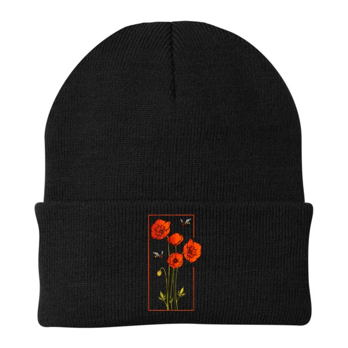 Floral Poppy Poppies Flower With Bees Wildflower Knit Cap Winter Beanie