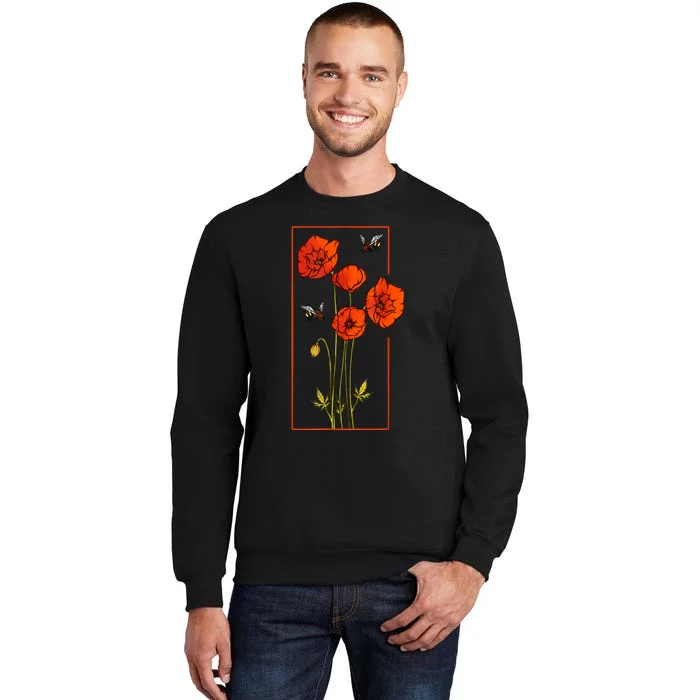 Floral Poppy Poppies Flower With Bees Wildflower Tall Sweatshirt