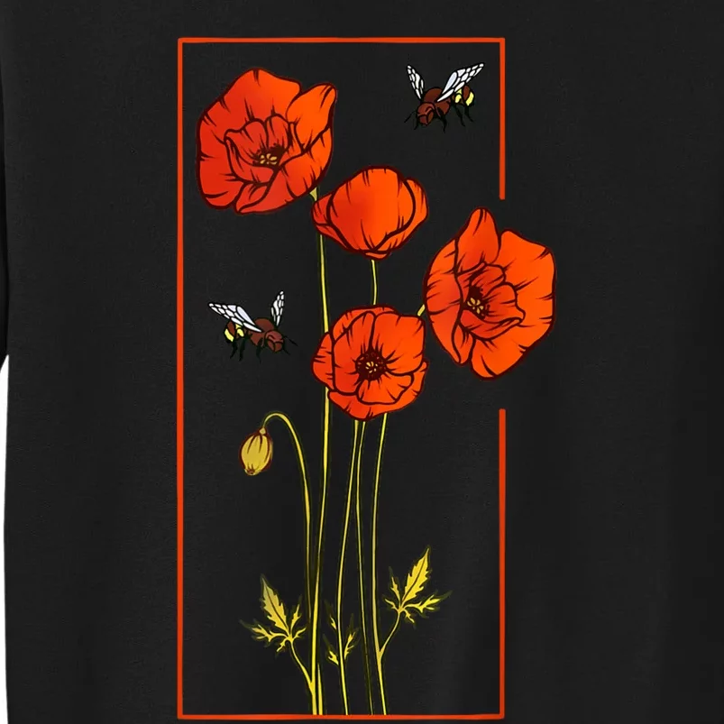 Floral Poppy Poppies Flower With Bees Wildflower Tall Sweatshirt