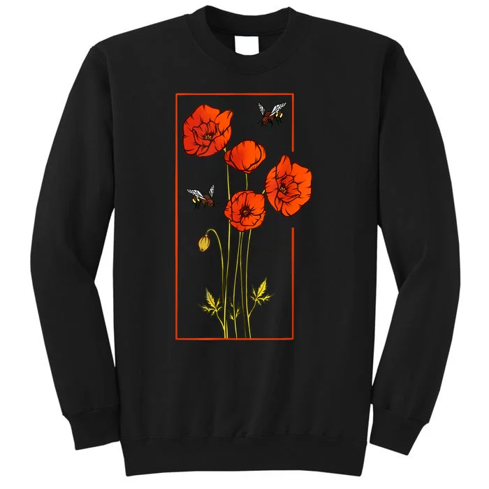 Floral Poppy Poppies Flower With Bees Wildflower Tall Sweatshirt