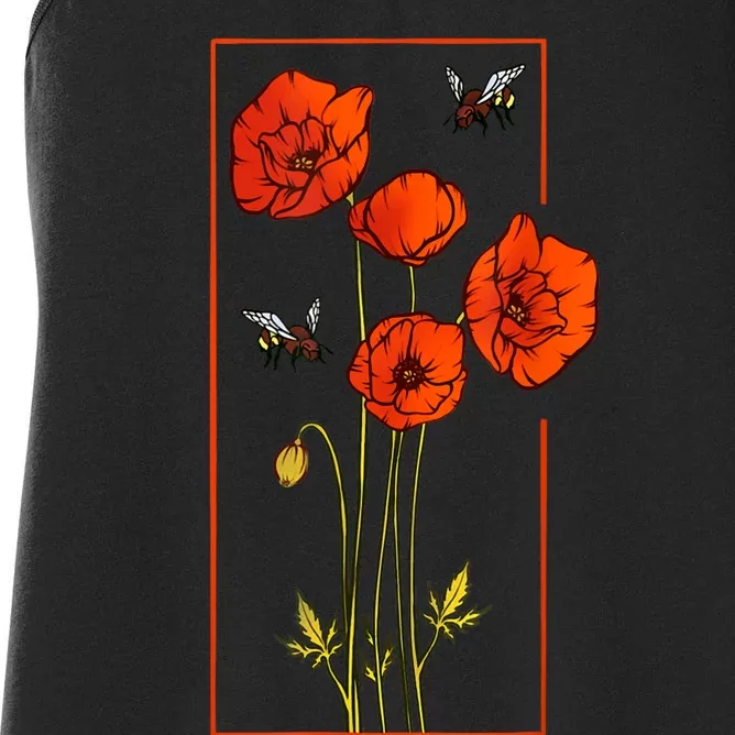 Floral Poppy Poppies Flower With Bees Wildflower Women's Racerback Tank