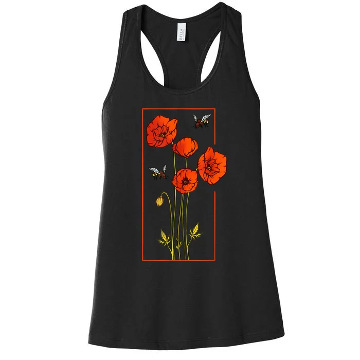 Floral Poppy Poppies Flower With Bees Wildflower Women's Racerback Tank