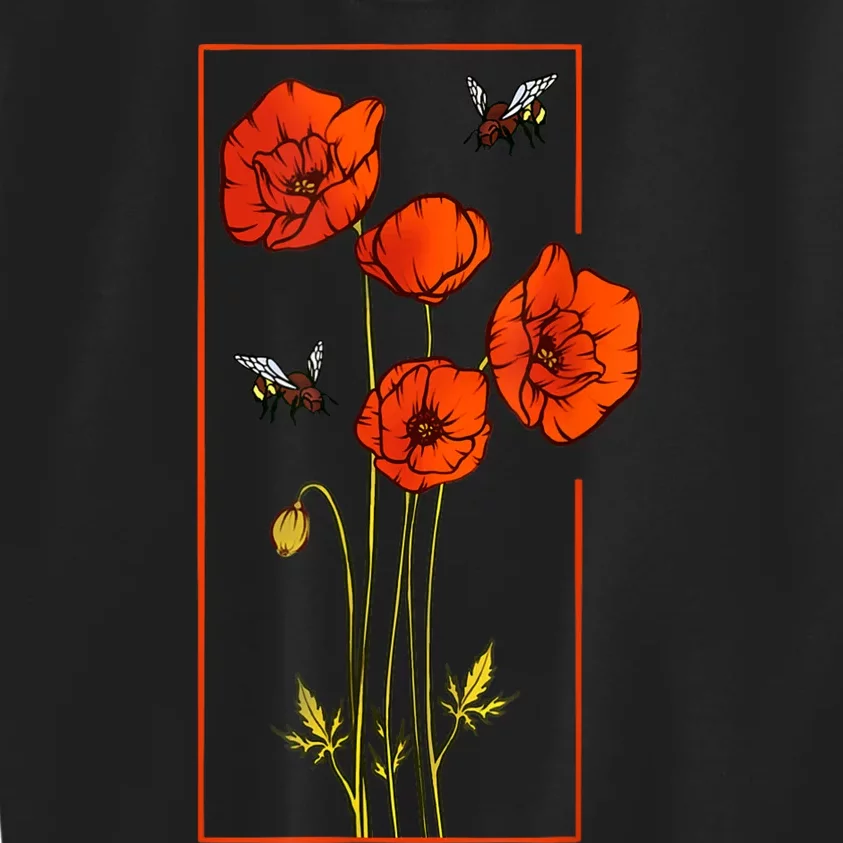 Floral Poppy Poppies Flower With Bees Wildflower Kids Sweatshirt