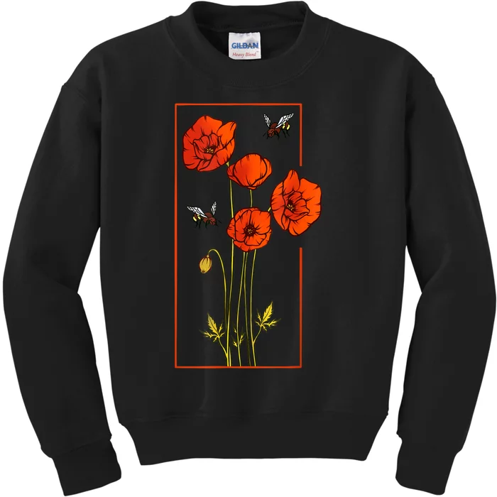 Floral Poppy Poppies Flower With Bees Wildflower Kids Sweatshirt