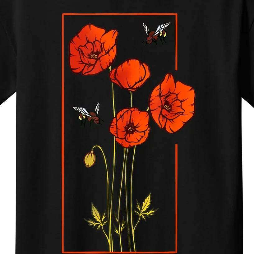 Floral Poppy Poppies Flower With Bees Wildflower Kids T-Shirt