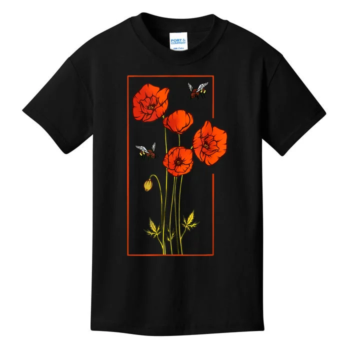 Floral Poppy Poppies Flower With Bees Wildflower Kids T-Shirt