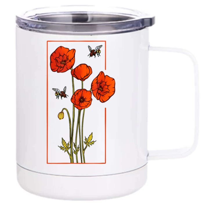 Floral Poppy Poppies Flower With Bees Wildflower Front & Back 12oz Stainless Steel Tumbler Cup