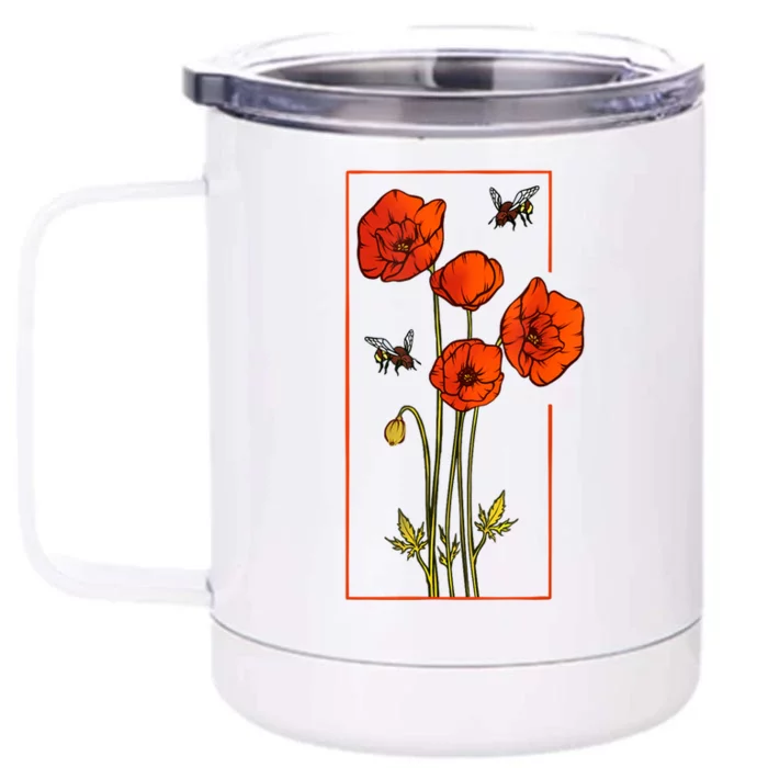 Floral Poppy Poppies Flower With Bees Wildflower Front & Back 12oz Stainless Steel Tumbler Cup