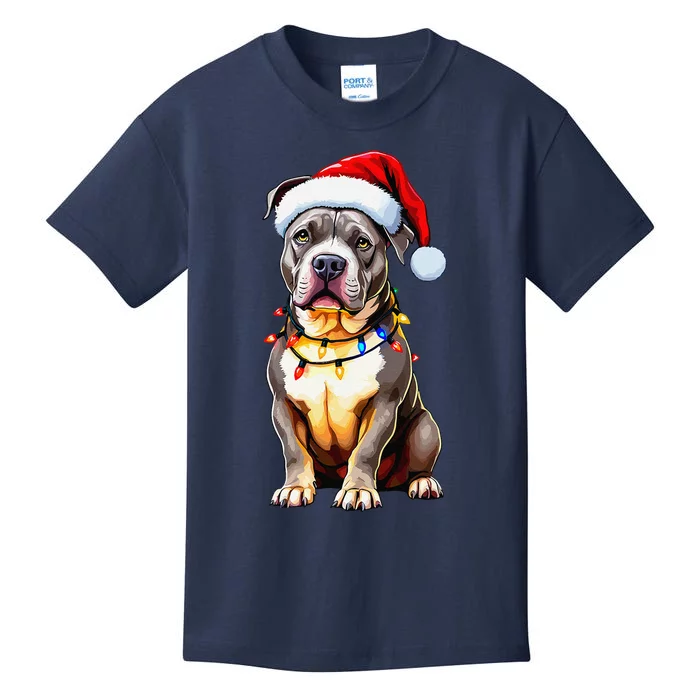 Funny Pitbull Pittie Santa Dog Lover Xmas Christmas Lights Kids T-Shirt