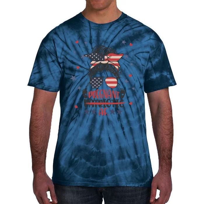 Funny Pregnant Patriotic Messy Bun Woman Tie-Dye T-Shirt