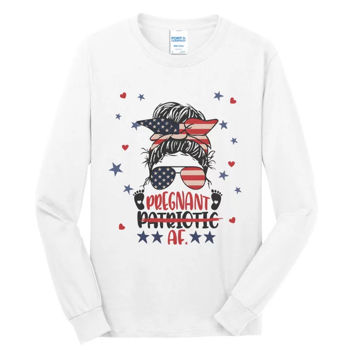 Funny Pregnant Patriotic Messy Bun Woman Tall Long Sleeve T-Shirt