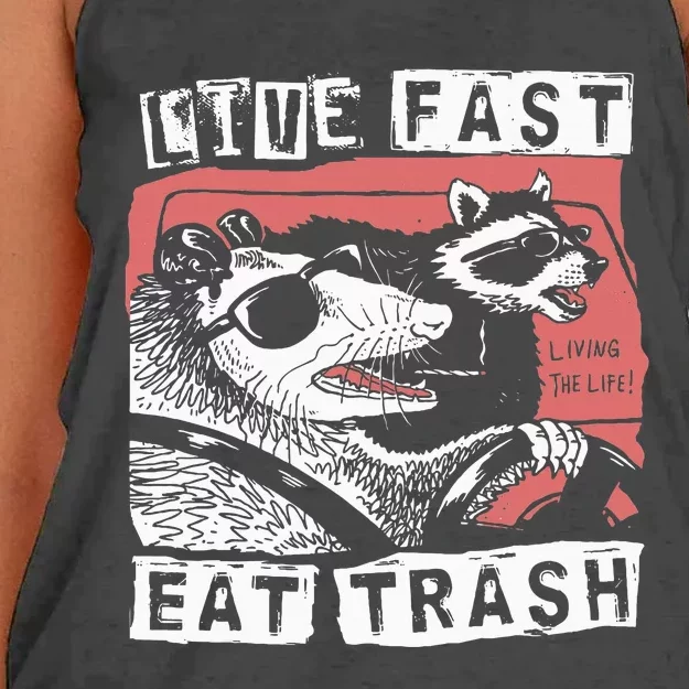 Funny Possum Raccoon Live Fast Eat Trash Women's Knotted Racerback Tank