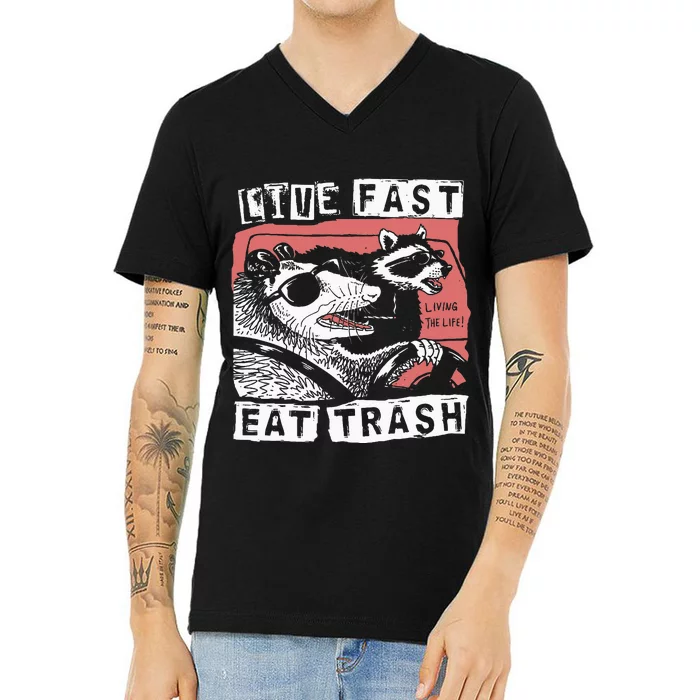 Funny Possum Raccoon Live Fast Eat Trash Street V-Neck T-Shirt